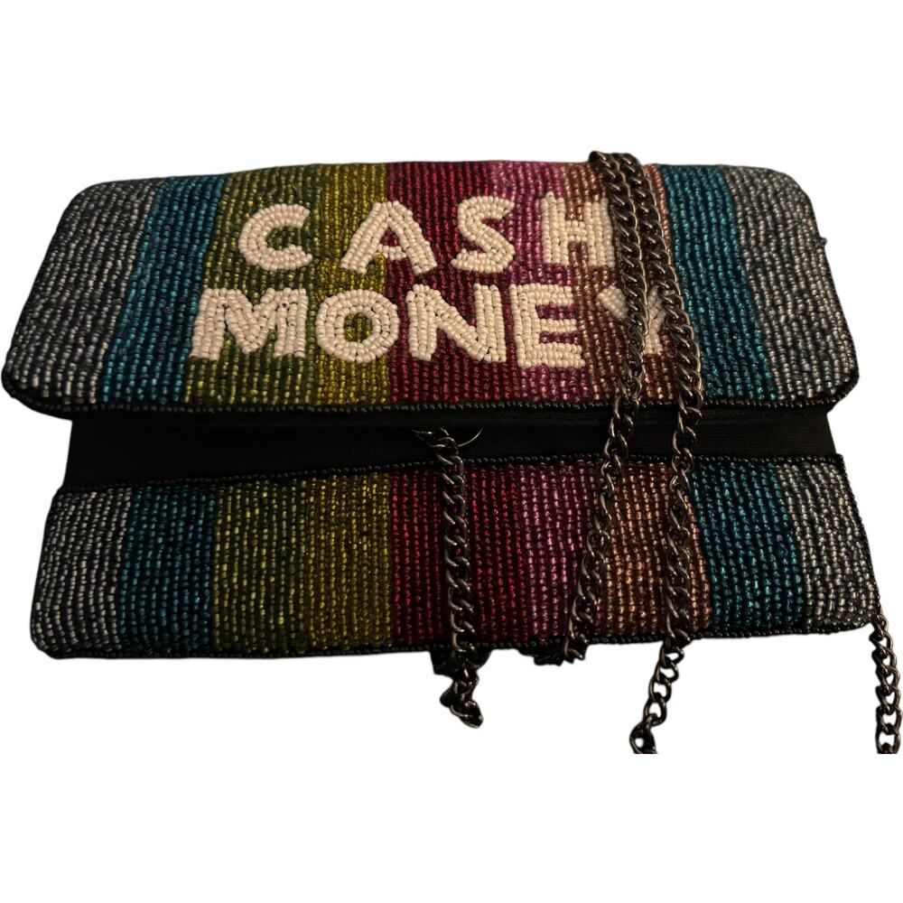 Cash Money Mini Clutch, Beaded Cash Money Graphic, Chain Strap